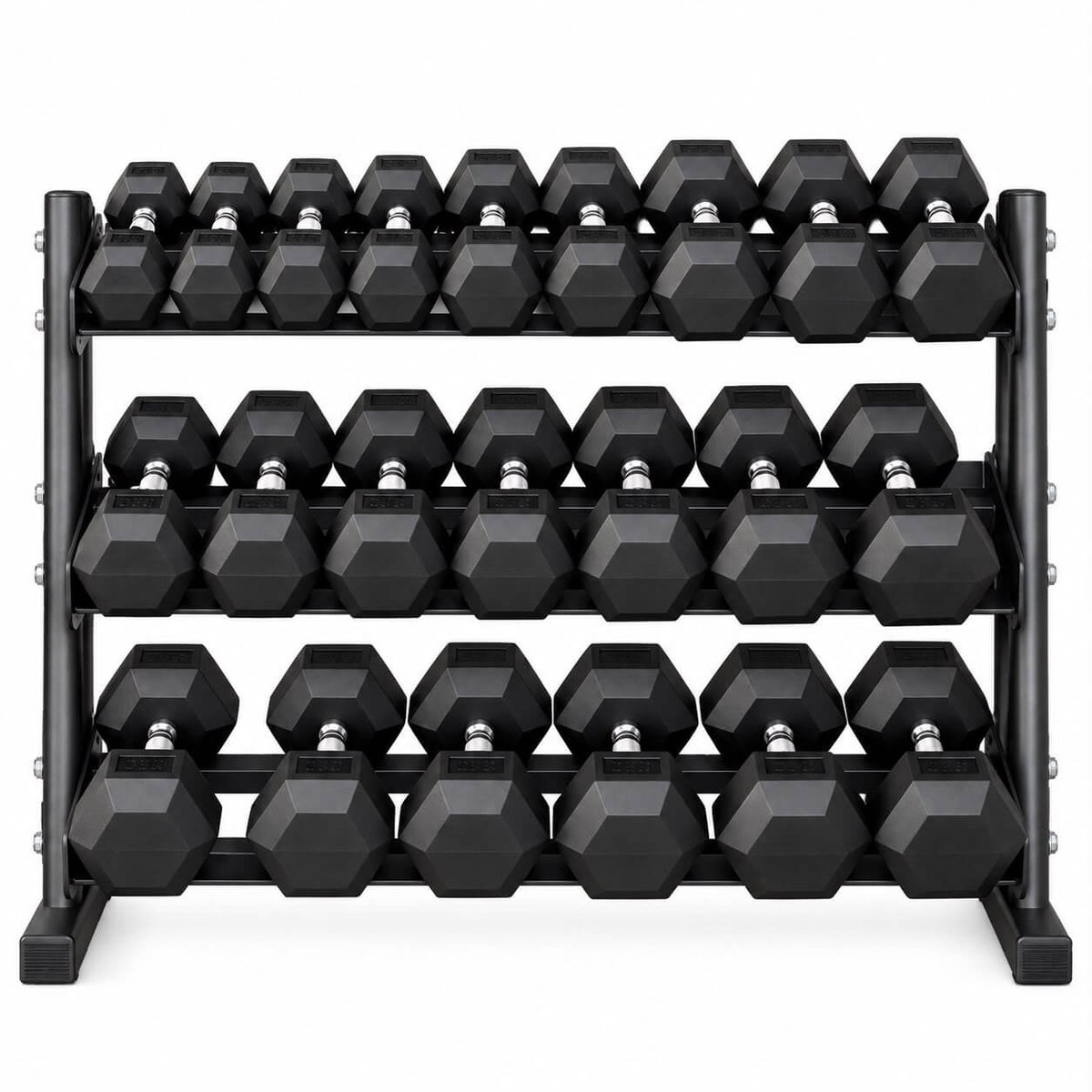Rubber Hex 5kg - 30kg Dumbbells + 3 Tier Storage Rack