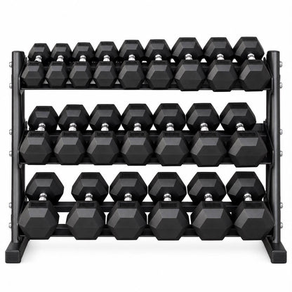 Rubber Hex 5kg - 30kg Dumbbells + 3 Tier Storage Rack