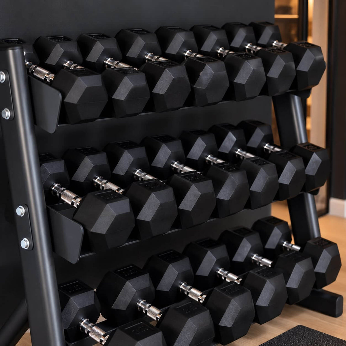 Rubber Hex 5kg - 30kg Dumbbells + 3 Tier Storage Rack