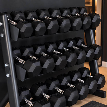 Rubber Hex 5kg - 30kg Dumbbells + 3 Tier Storage Rack