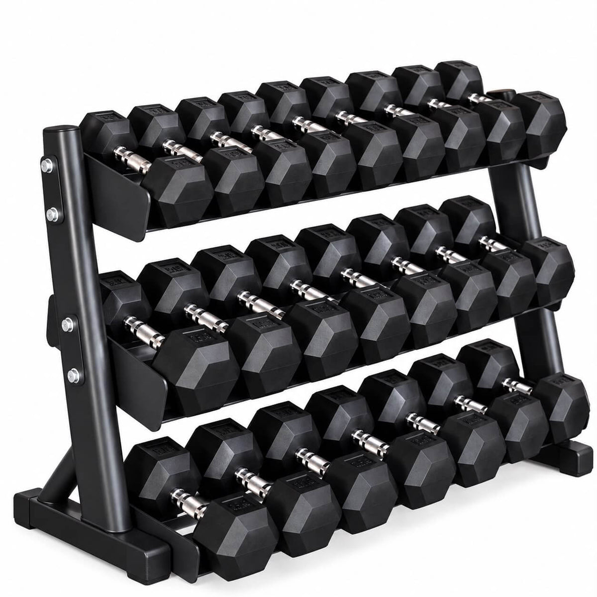 Rubber Hex 5kg - 30kg Dumbbells + 3 Tier Storage Rack