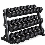 Rubber Hex 5kg - 30kg Dumbbells + 3 Tier Storage Rack