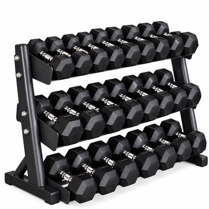 Rubber Hex 5kg - 30kg Dumbbells + 3 Tier Storage Rack