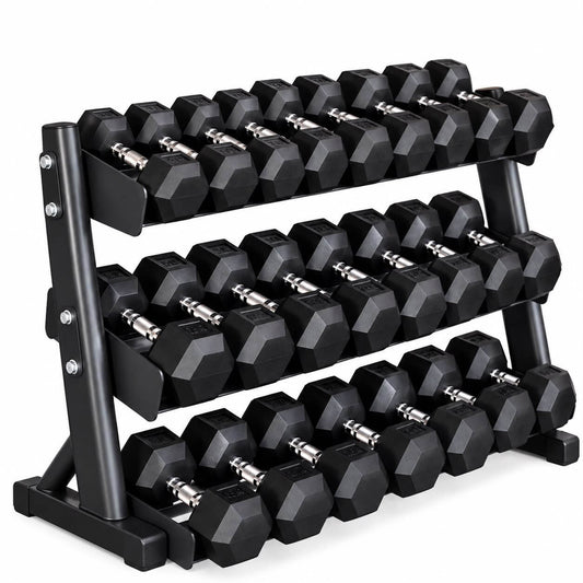 Rubber Hex 5kg - 30kg Dumbbells + 3 Tier Storage Rack